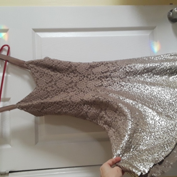 Free People Ombre Lace Dress fit 'n' flare Metallic Gold Foil Olive / Khaki Sz S - Picture 1 of 14